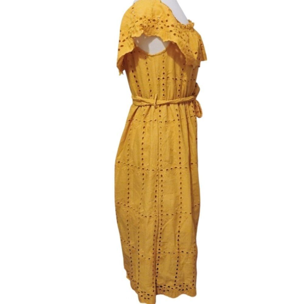 Simplee Dress Mustard Cotton Off Shoulder Ruffle Eyelet Cottage Prairie Peasant - Picture 4 of 14